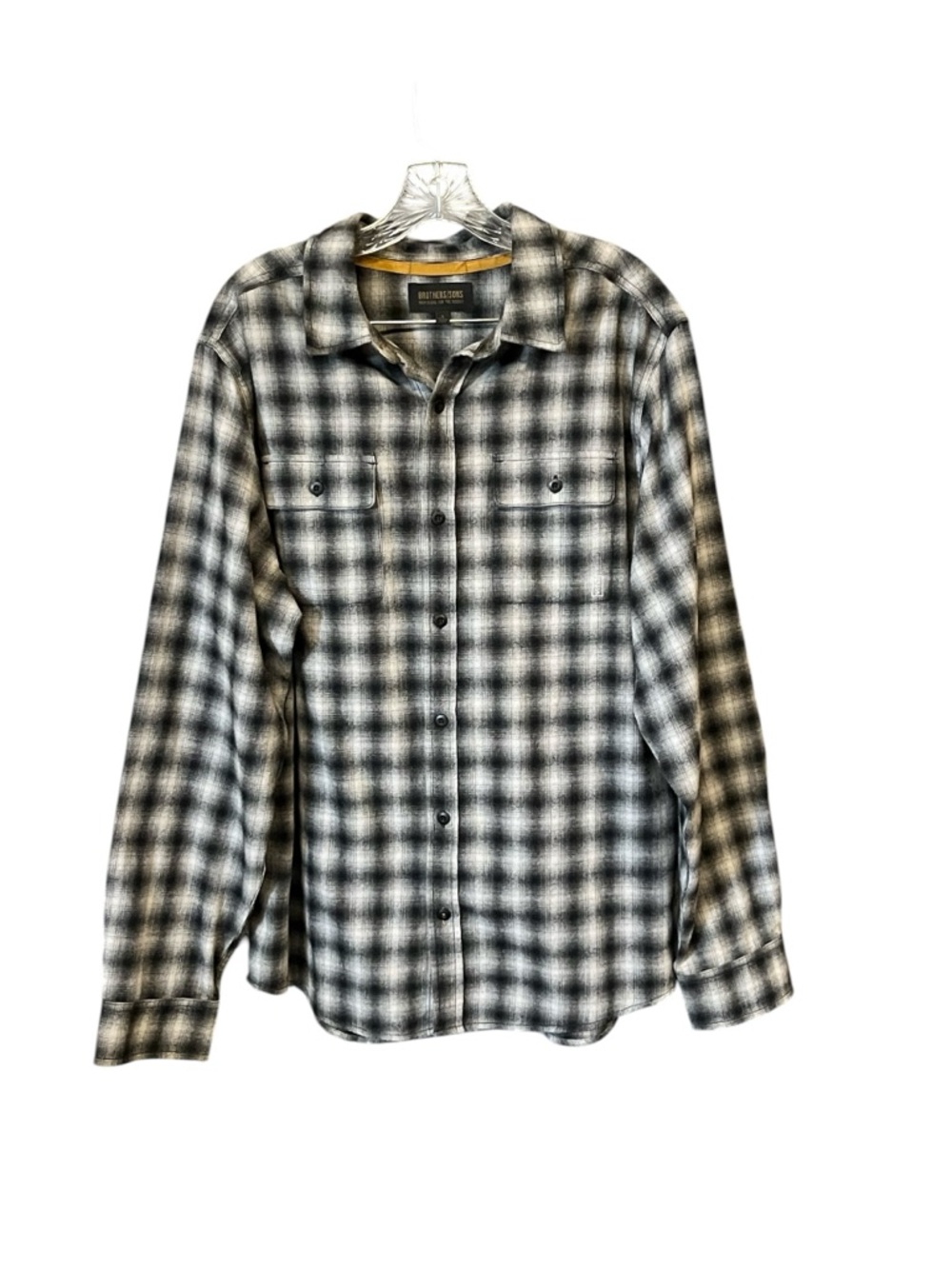 Brothers Sons flannel shirt men L gray black plaid button up rugged outdoor